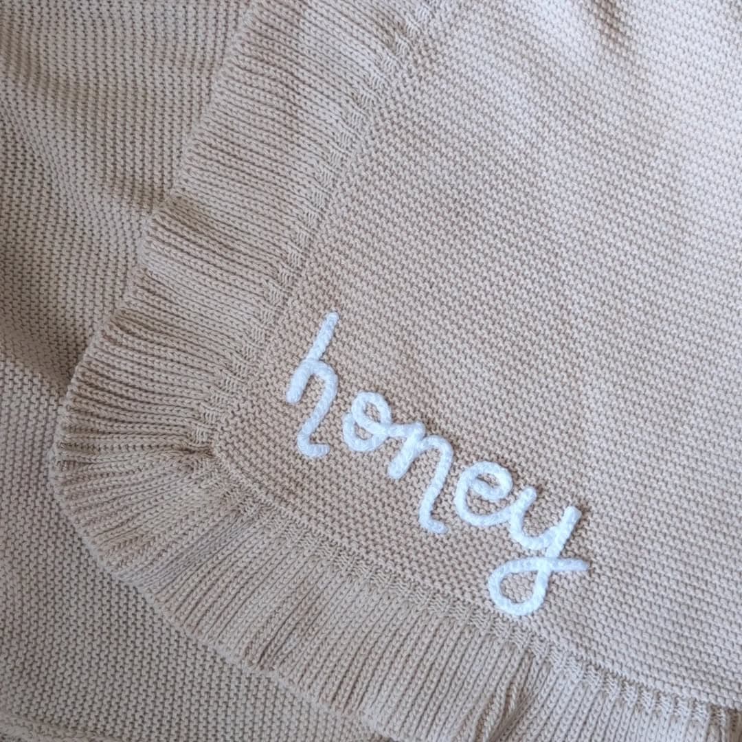 Instagram post: 🤍 h o n e y ✨

Blanket Details 
🪡 Beige Ruffle E...