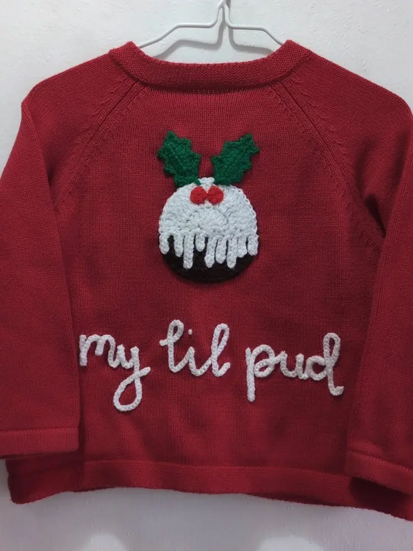 🎄 My Lil Pud 🌟

Knit Details 
🪡 Red Knit 
🧶 White Embroidery 
🪡 Add on - Christmas Puddings. 
.